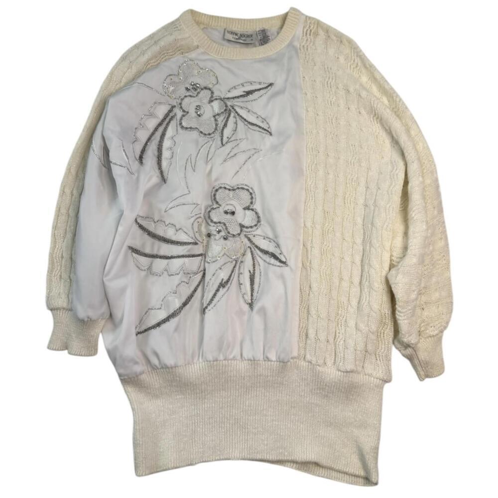 Vintage Bonnie Boerer cream mixed-texture sweater L & floral beaded front panel
